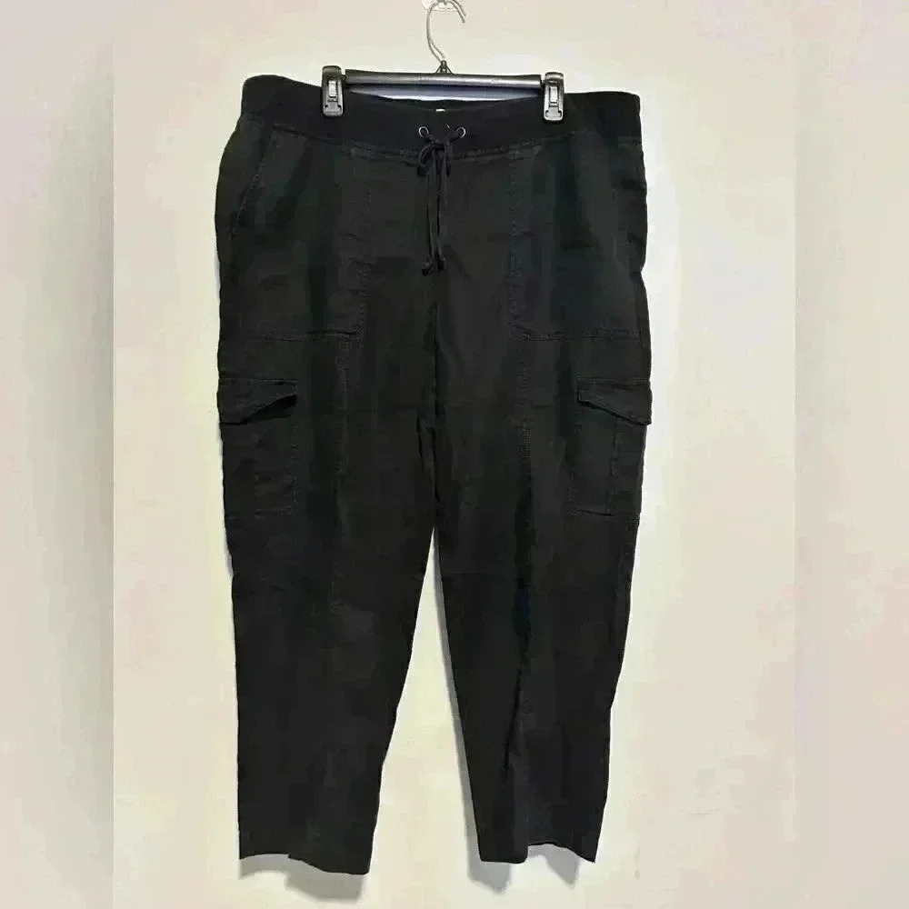 Eileen Fisher Cropped Pull On Black Drawstring Lounge Pants Size XL Organic Lin